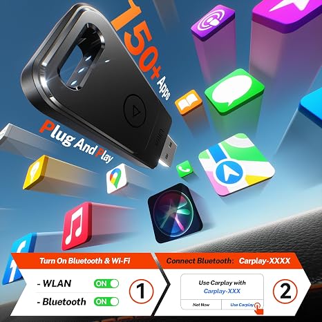 Adaptador inalámbrico para Apple Carplay, conexión automática rápida 3X, sin latencia, Plug & Play, adaptador inalámbrico Carplay, Mini Car Play Dongle 2025 para iPhone 6 ~ 17, apto para más de 927 autos, USB A/C, negro mate