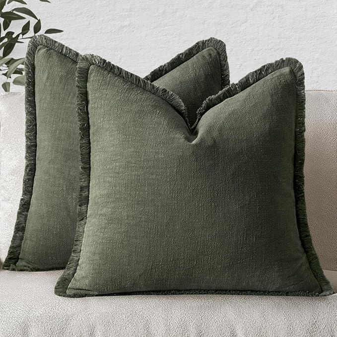 Fundas de almohada MIULEE estilo bohemio campestre, fundas decorativas de lino neutro, juego de 2 fundas de cojín verde oliva oscuro con flecos para sofá, cama, sala de estar, decoración de primavera para el hogar, 45 x 45 cm.