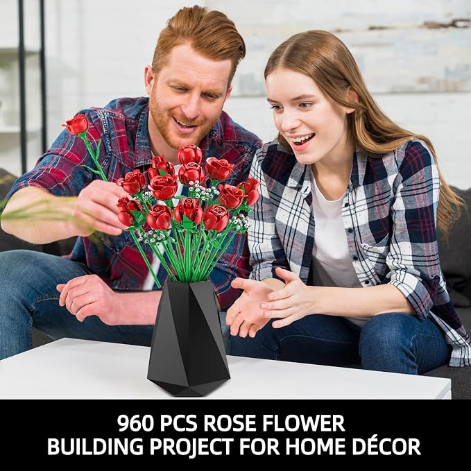 Sopu Juego de construcción de ramo de rosas rojas, 960 piezas de rosas artificiales, colección botánica para mesa de comedor, decoración del hogar, regalo para el día de la madre, regalos de cumpleaños, flores para decoración del hogar