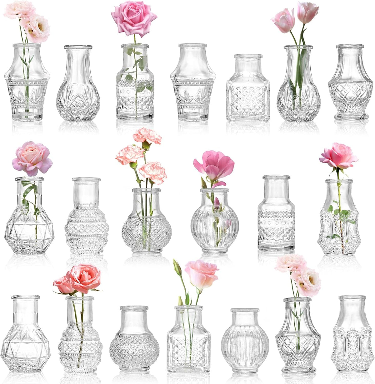 SOLO INCLUYE 19 FLOREROS Tebery 20 Floreros de Vidrio para Botones de Flores | Mini Jarrones Transparentes Vintage para Centros de Mesa | Set a Granel para Bodas y Fiestas