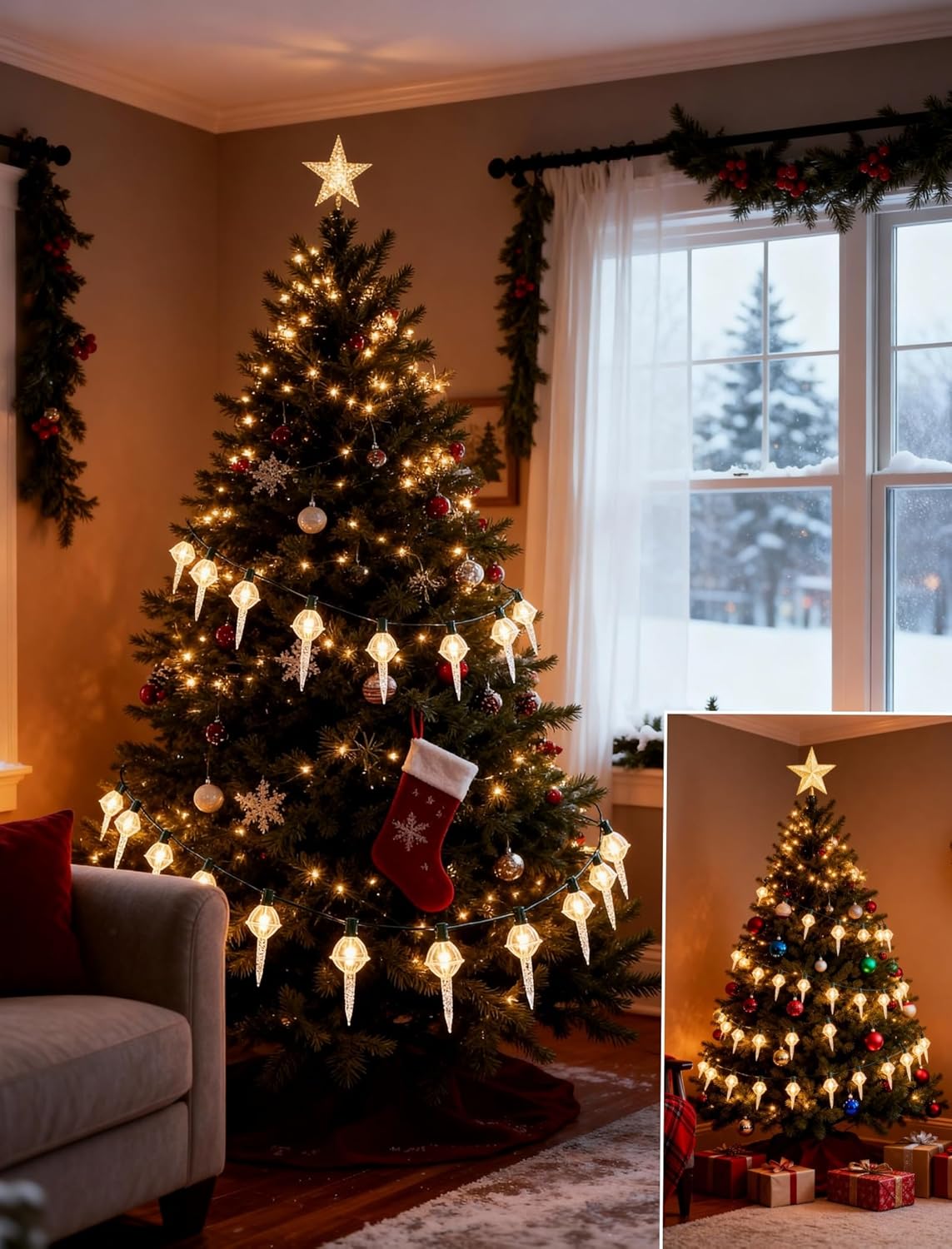 Luces de burbujas de Navidad, cadena de luces de 11 pies con 7 bombillas vintage con purpurina para árbol de Navidad, vacaciones y celebraciones, alambre verde