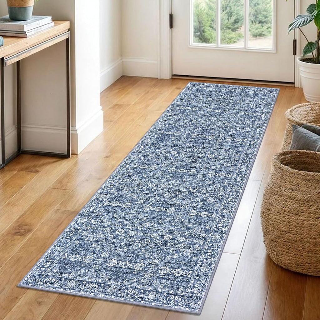 Alfombra lavable SIILOOM de 2x6 para pasillos, alfombra clásica suave azul para cocina con antideslizante, alfombra floral desgastada que no suelta pelo para pasillos, entrada, dormitorio, baño y lavandería.