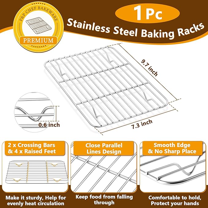P&P CHEF Bandeja para Hornear de 10.4 Pulgadas con Juego de Rejilla, Bandeja de Acero Inoxidable para Galletas con Rejilla de Enfriamiento para Uso en Horno, Cocinar y Asar, No Tóxico