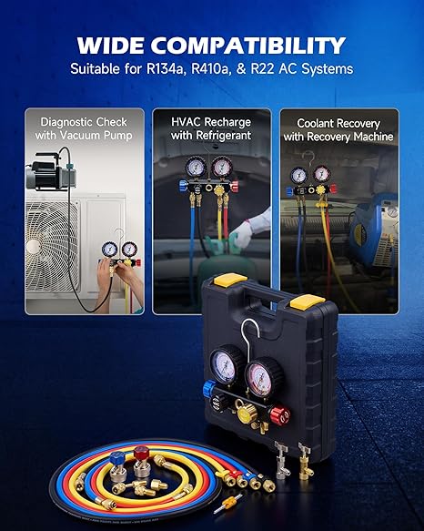⚠️ NOTA: LE HACE FALTA MANGUERA NEGRA, UNA VÁLVULA REFRIGERANTE Y CAJITA CON ACCESORIOS – Orion Motor Tech Kit de Manómetros de Diagnóstico AC de 4 Vías R134A, R410A y R22