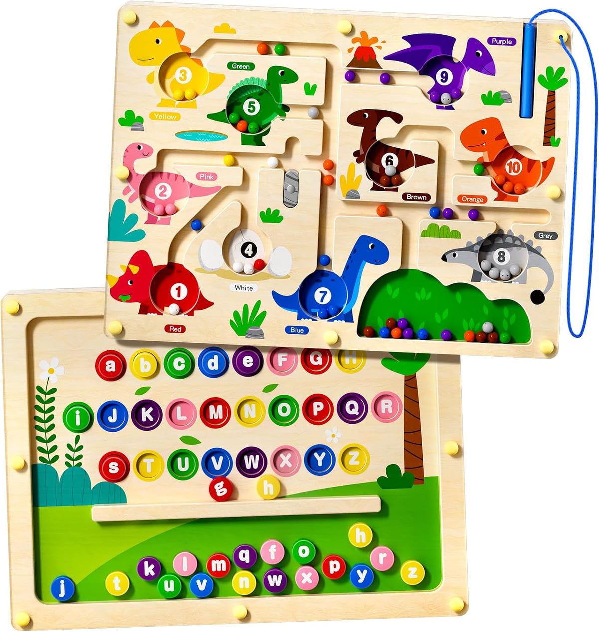 UMEREACT Laberinto magnético 2 en 1 de colores y números, rompecabezas de alfabeto ABC de doble cara, tablero magnético de dinosaurios, laberinto de conteo, aprendizaje preescolar, educación Montessori, juguetes para niños de 3, 4 y 5 años (multicolor