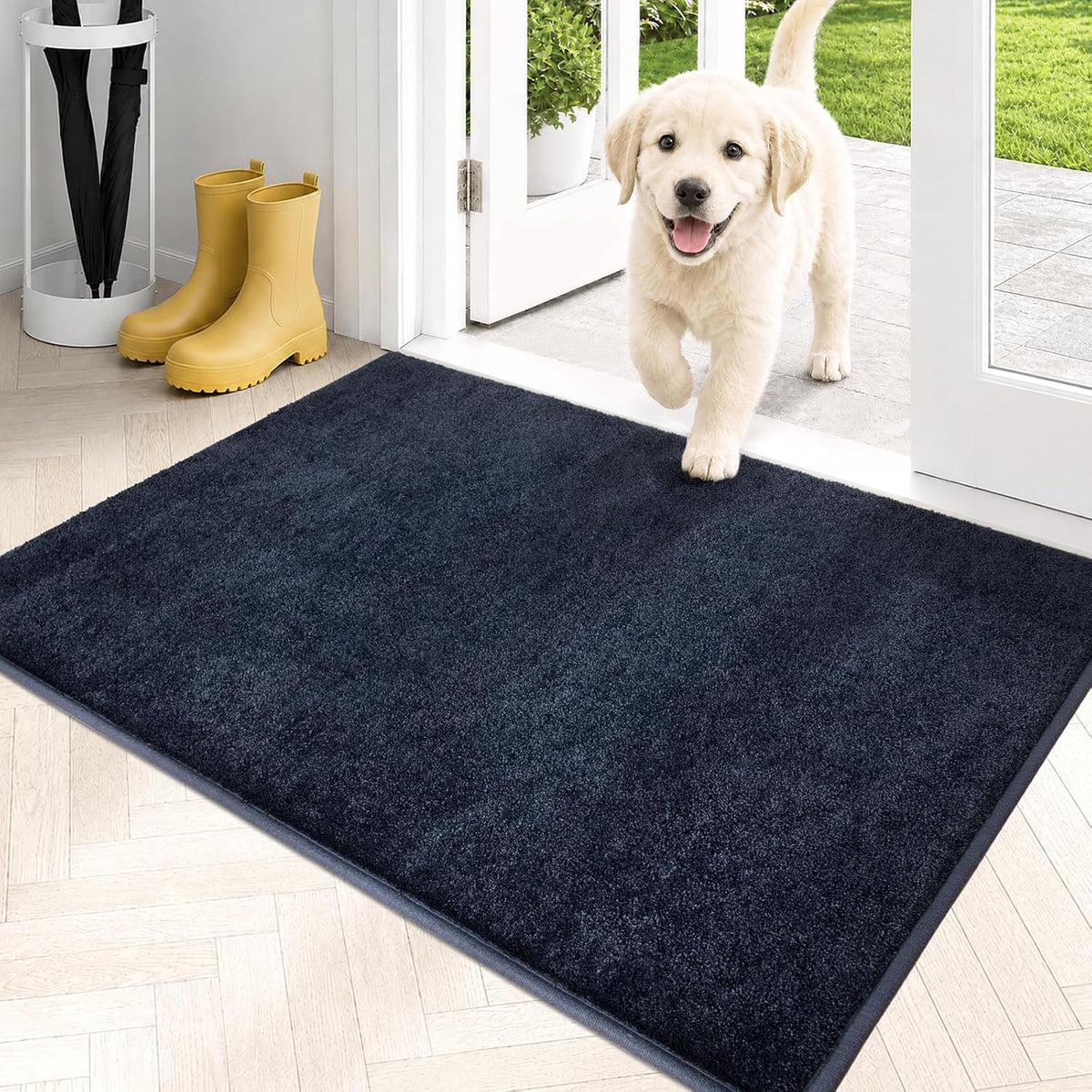 Alfombra de entrada PURRUGS que atrapa la suciedad, 61 x 90 cm, antideslizante, lavable a máquina, ideal para la entrada, felpudo para perros o para la puerta principal de interiores, color azul marino