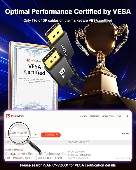 IVANKY Cable DisplayPort 8K 1.4, cable DP certificado VESA de 6.6 pies (8K @60Hz, 4K @240Hz, 2K @240Hz) HBR3 compatible con 32.4 Gbps, HDR, HDCP 2.2, FreeSync G-Sync, puerto de pantalla trenzado para monitor de juegos, gráficos, PC