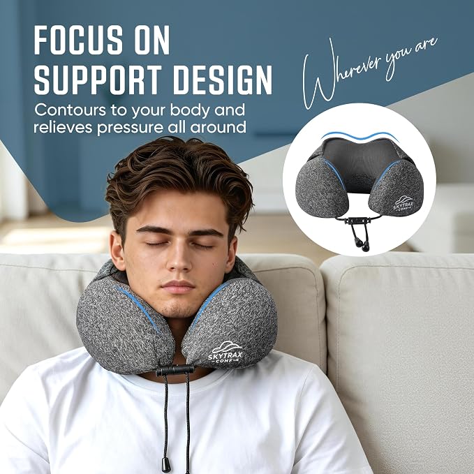 SkytraxComf® Almohada de viaje con capucha para privacidad en vuelos largos | Memory Foam | Airplane Sleep | Safety-Tested Materials | Extra Large Hood | Chin Support | Earplugs | Washable Cover