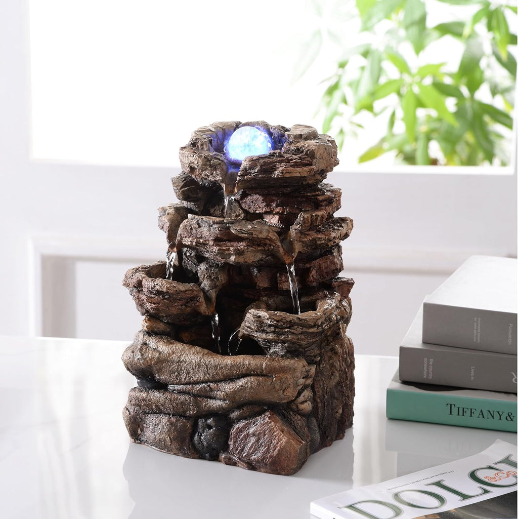 MSEONWXI Fuente de Agua de Mesa con Bola de Vidrio y LED que Cambia de Color | Cascada Decorativa de Resina para Casa y Oficina