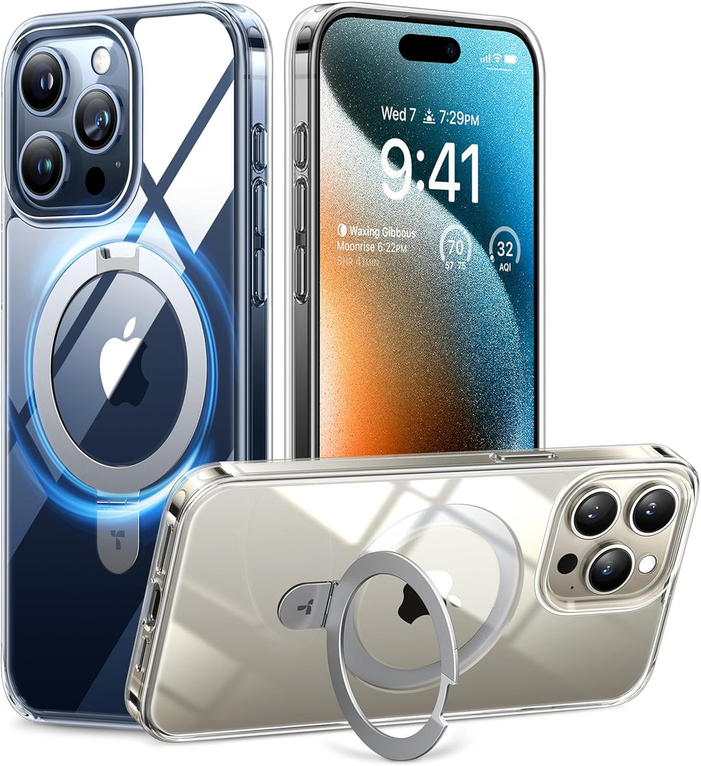 TORRAS Ultra Magnetic Ostand for iPhone 15 Pro Case [Fit for MagSafe] [Sturdy Stand & Ring Holder] Mil-Grade Shockproof Anti-Yellow Anti-Scratch Slim Protective Kickstand Case, Crystal Clear 6.1 inch