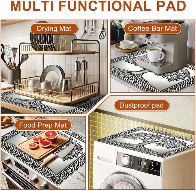 HOMETITUTE Tree of Life - Cubierta superior para estufa eléctrica, tapete de secado de platos con diseño celta plateado en relieve, 28 x 20 pulgadas, protector decorativo de cocina