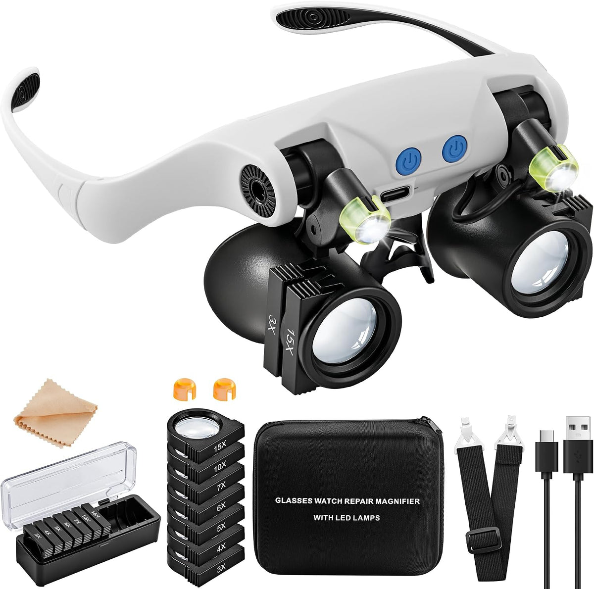 Lupa JARLINK con luz LED, lupa manos libres con 14 lentes intercambiables (3X, 4X, 5X, 6X, 7X, 10X, 15X), ideal para trabajos de precisión, manualidades, joyería, costura y reparación de aparatos electrónicos.