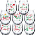 Umigy 8 Pcs Christmas Wine Glasses Xmas Stemless Wine Glass Christmas 15 oz Snowflake Winter Let It Snow Leaf Berry Glasses for Party Friend Family Holiday Birthday Decoration(Words)