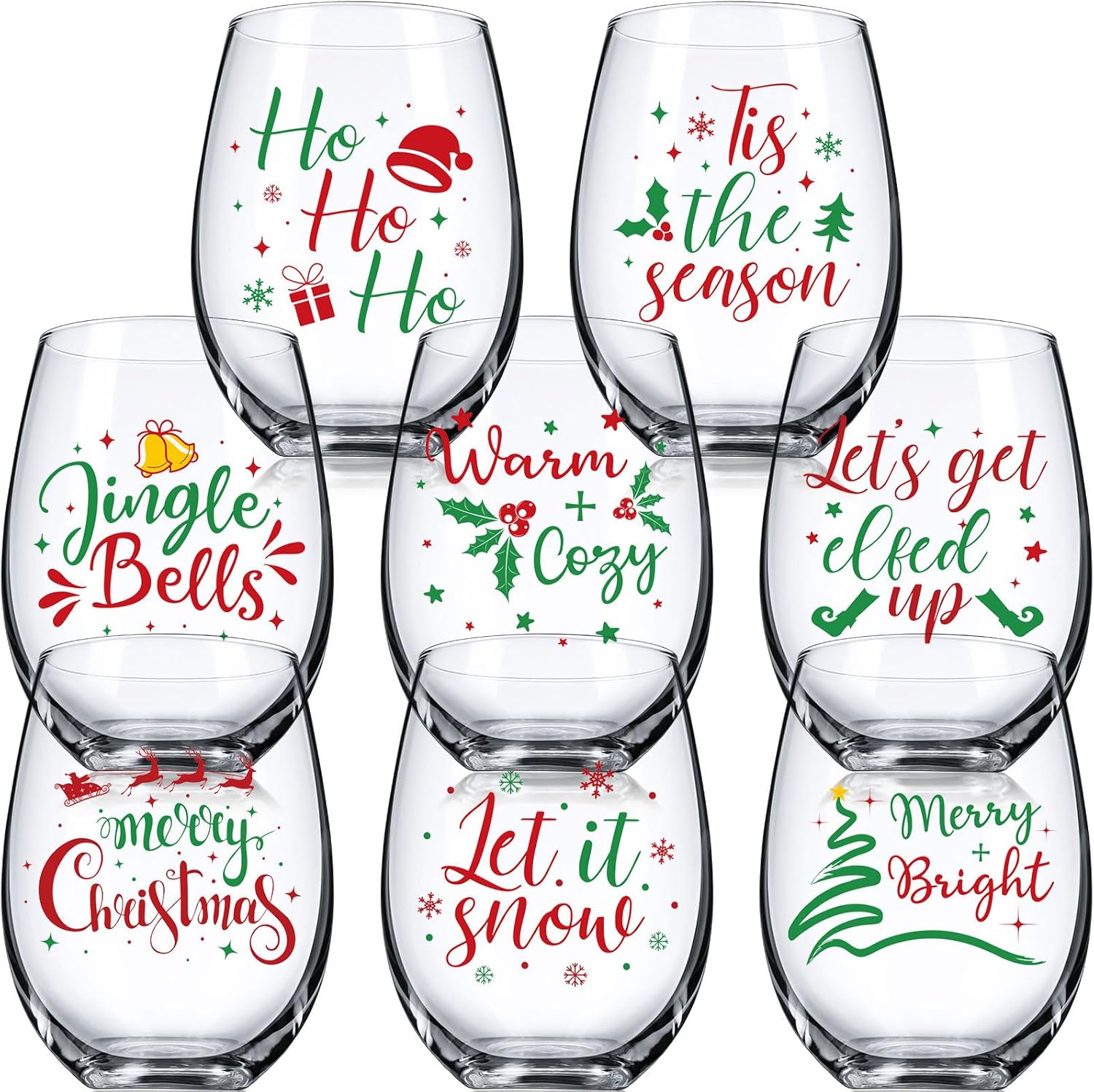 Umigy 8 Pcs Christmas Wine Glasses Xmas Stemless Wine Glass Christmas 15 oz Snowflake Winter Let It Snow Leaf Berry Glasses for Party Friend Family Holiday Birthday Decoration(Words)