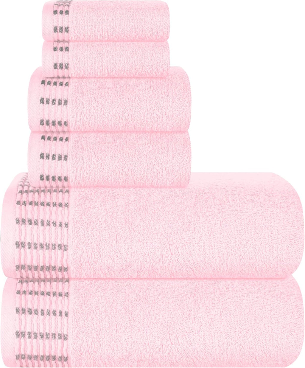 Juego de toallas de algodón ultrasuaves MALLONI HOME, paquete de 6 unidades. Contiene 2 toallas de baño de 71 x 140 cm, 2 toallas de mano de 41 x 61 cm y 2 paños de baño de 30 x 30 cm. Ideal para uso diario. Compacto y ligero. Color rosa.