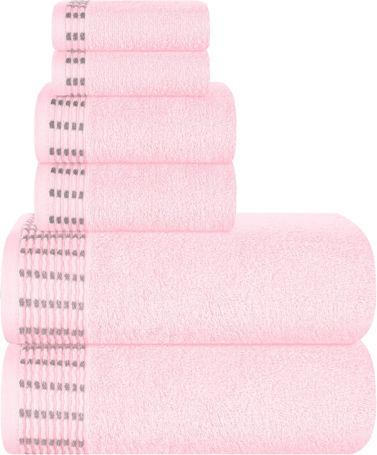 Juego de toallas de algodón ultrasuaves MALLONI HOME, paquete de 6 unidades. Contiene 2 toallas de baño de 71 x 140 cm, 2 toallas de mano de 41 x 61 cm y 2 paños de baño de 30 x 30 cm. Ideal para uso diario. Compacto y ligero. Color rosa.