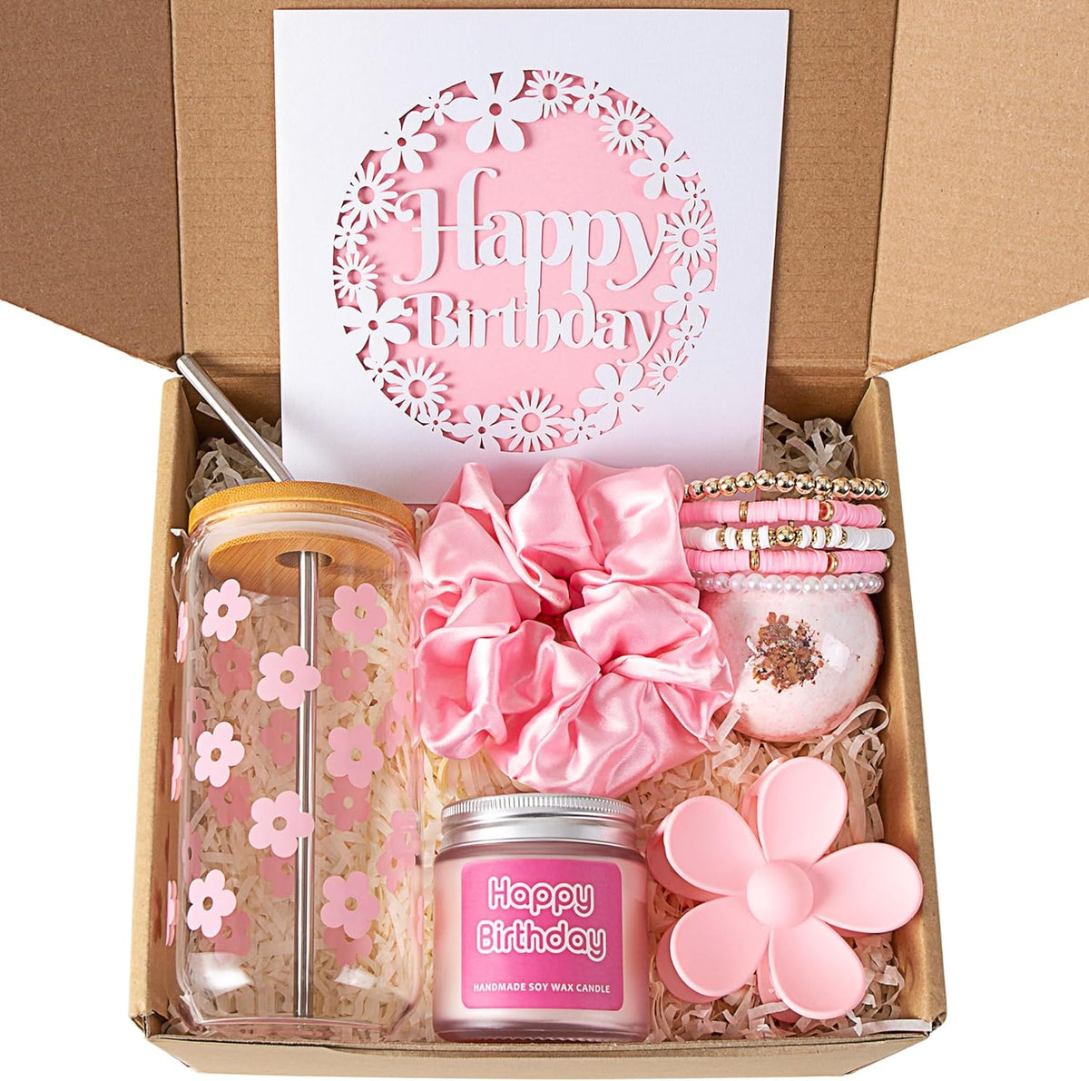 JTEWB Regalo de Cumpleanos para Mujer, Adolescente o Amiga | Caja de Regalo Feliz Cumpleanos | Lindo Set de Vasos de Vidrio Estetica Margarita 7 Piezas