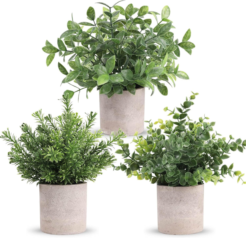Plantas Artificiales de Eucalipto Der Rose – Pack de 3, Mini Macetas de Plastico, Estilo Boho, para Escritorio, Hogar y Oficina, Color Verde