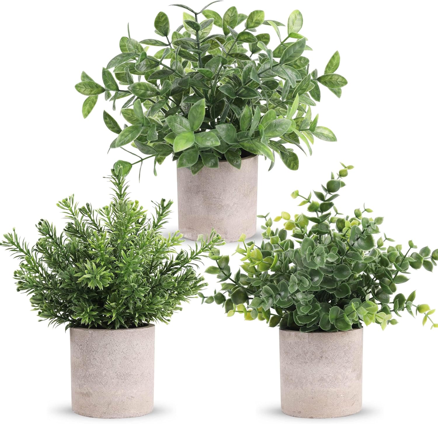 Plantas Artificiales de Eucalipto Der Rose – Pack de 3, Mini Macetas de Plastico, Estilo Boho, para Escritorio, Hogar y Oficina, Color Verde