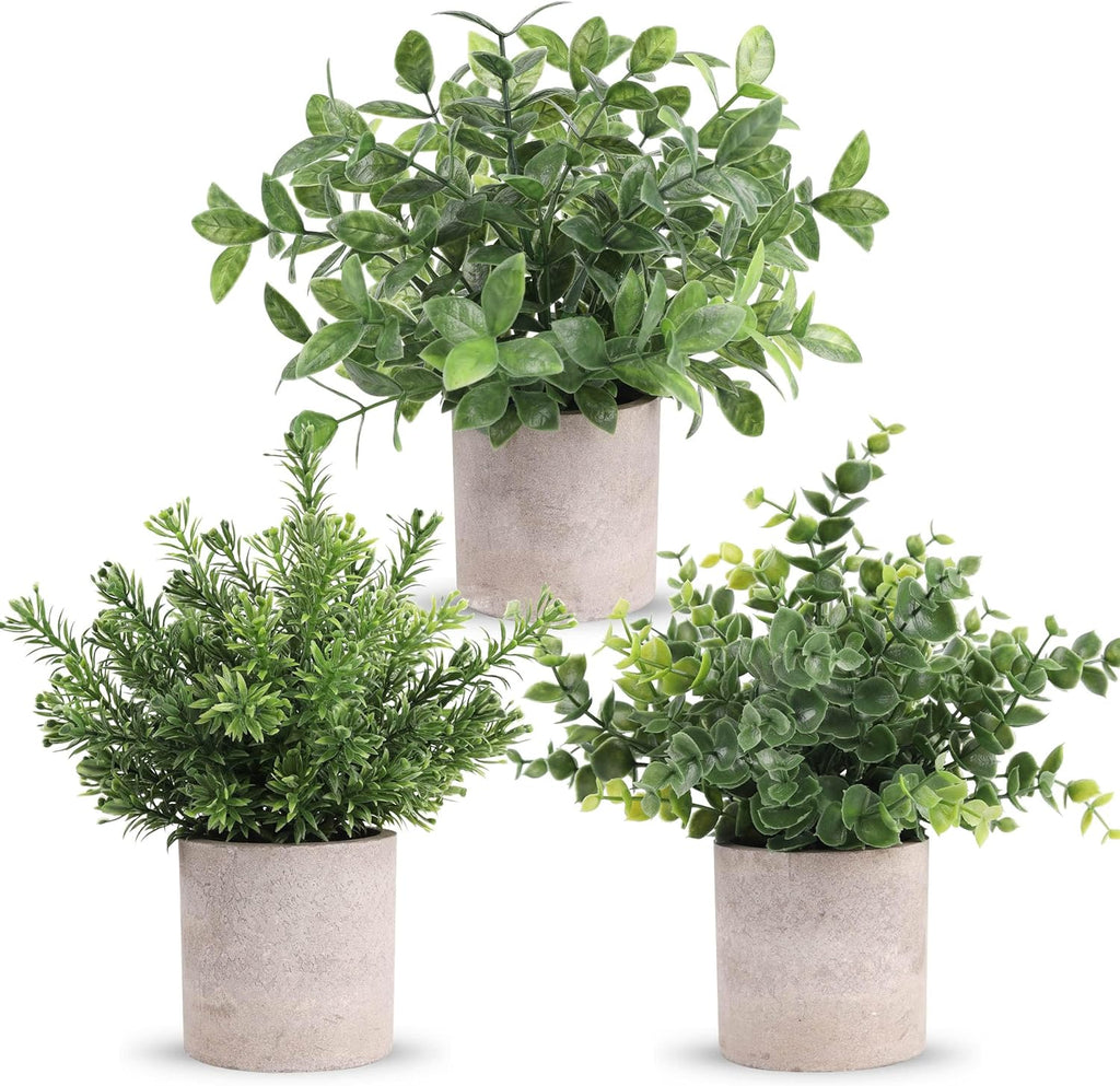 Der Rose Paquete de 3 mini plantas artificiales en maceta, plantas de eucalipto artificiales de plástico, topiarios para decoración del hogar, oficina, escritorio, estilo rústico, estante, habitación, baño (verde)