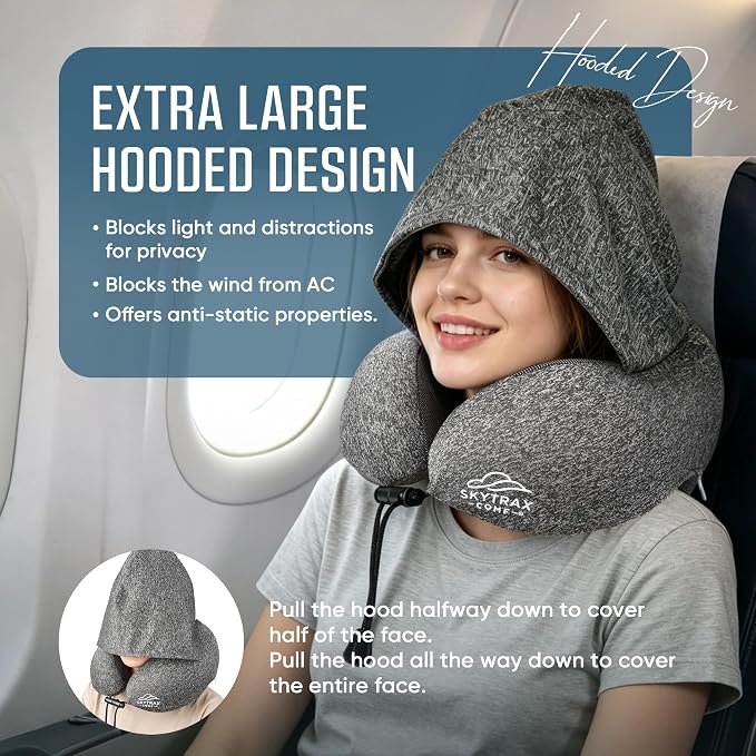 SkytraxComf® Almohada de viaje con capucha para privacidad en vuelos largos | Memory Foam | Airplane Sleep | Safety-Tested Materials | Extra Large Hood | Chin Support | Earplugs | Washable Cover