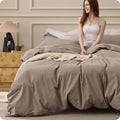 Bedsure 100% Washed Cotton Duvet Cover Queen Size - Light Brown Minimalist Cotton Duvet Cover Linen Like for All Seasons - GentleSoft™ Plain Simple Bedding, 3 Pieces (Light Brown, Queen, 90"x90")