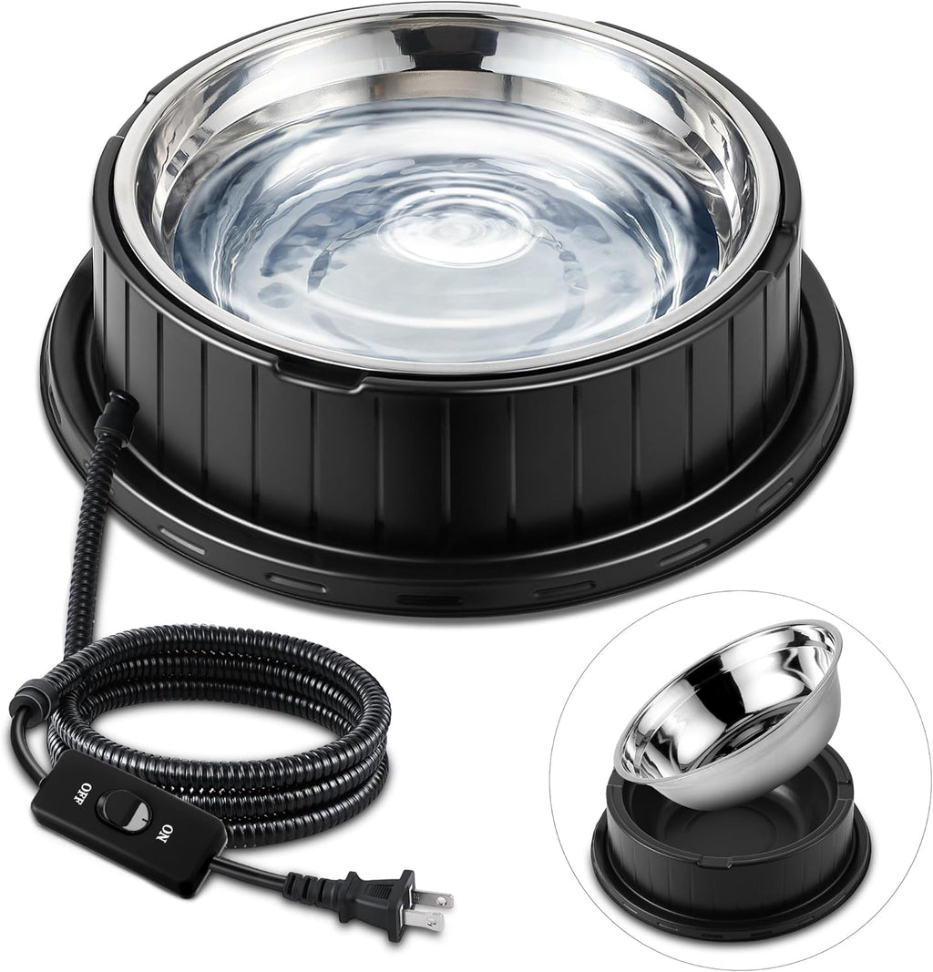 Bebedero calefaccionado para perros y gatos con control termostático, 55 W, 80 oz, extraíble, de acero inoxidable, con cable antimordiscos. 