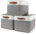 Bagnizer Pack 3 Cestas de Tela Grandes para Estantes | Canastas Decorativas de Lino con Asas para Organizar Ropa Hogar Oficina 38x28x24cm Gris y Blanco