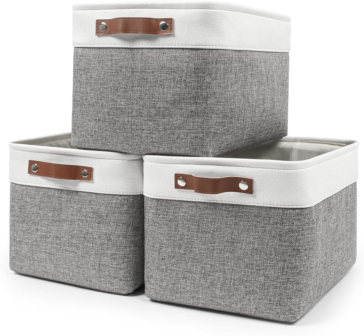 Bagnizer Pack 3 Cestas de Tela Grandes para Estantes | Canastas Decorativas de Lino con Asas para Organizar Ropa Hogar Oficina 38x28x24cm Gris y Blanco