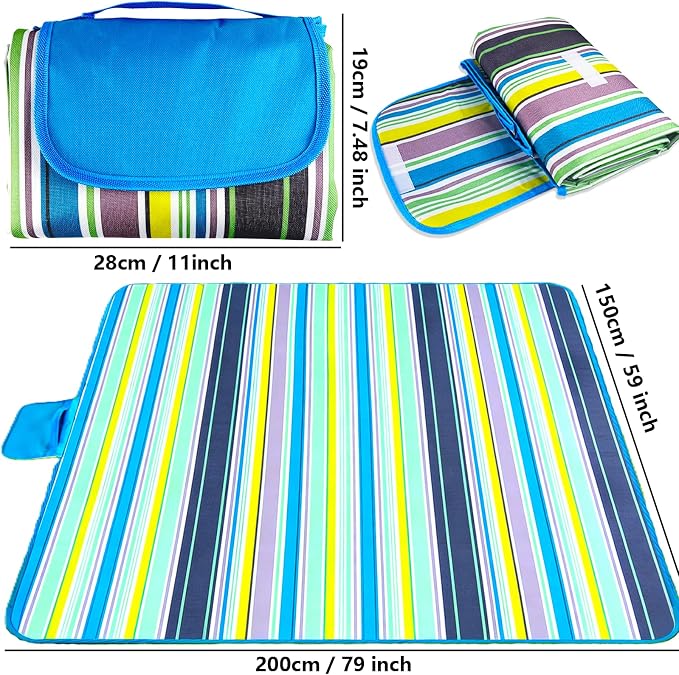 Manta de Picnic Impermeable 200x150 cm Extra Grande, Manta Picnic Plegable con Base PVC Antideslizante y Antiarena, Manta de Playa Lavable para Camping Jardín Parque Festival con Asa