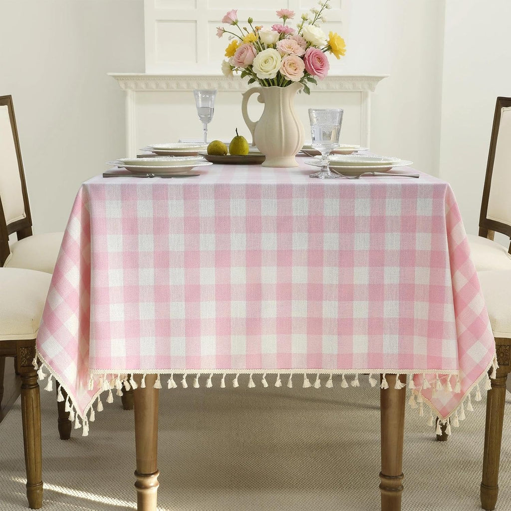 USADO-Romanstile Mantel Rectangular Cuadros Rosa Primaveral 55x84 Pulgadas | Lino y Algodon Impermeable Resistente con Borlas | Antiarrugas para Pascua, Picnic y Fiestas