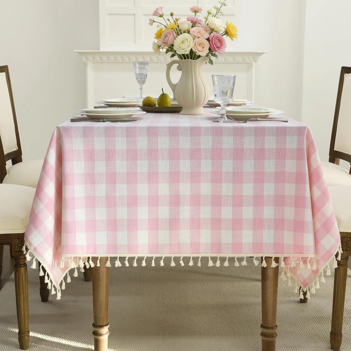 USADO-Romanstile Mantel Rectangular Cuadros Rosa Primaveral 55x84 Pulgadas | Lino y Algodon Impermeable Resistente con Borlas | Antiarrugas para Pascua, Picnic y Fiestas
