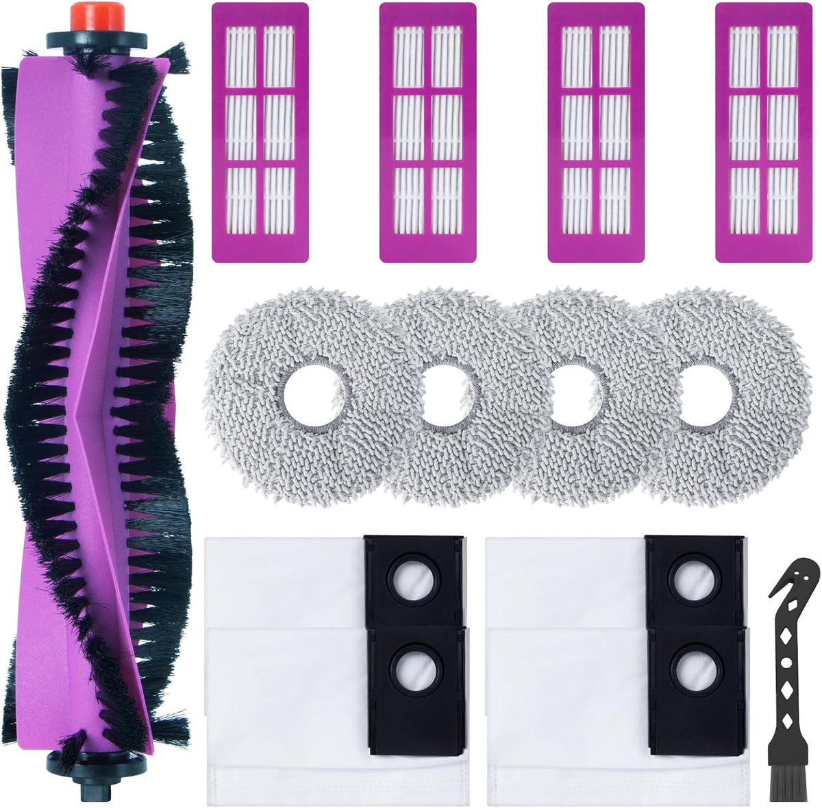 Kit de accesorios para aspiradora robot Eureka J15 Ultra. Piezas de repuesto: 1 cepillo principal, 4 filtros HEPA, 4 almohadillas de fregado, 4 cepillos laterales, 4 bolsas para polvo, 1 cepillo.