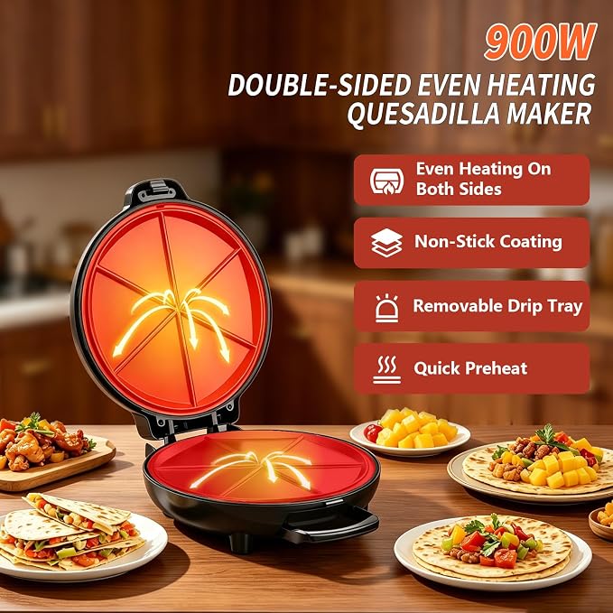 Maquina para Quesadillas Eléctrica 9.5" – 6 Porciones, Superficie Antiadherente y Seguro de Cierre