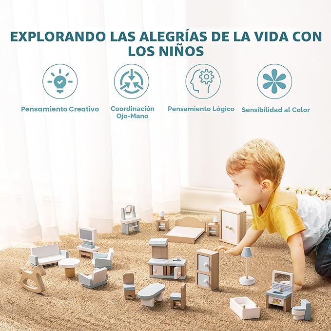 ROBUD Juego de muebles de madera para casa de muñecas, 23 piezas, accesorios para casa de muñecas, muebles en miniatura que incluyen 5 kits de habitación, muebles de casa de muñecas, juguetes de juego
