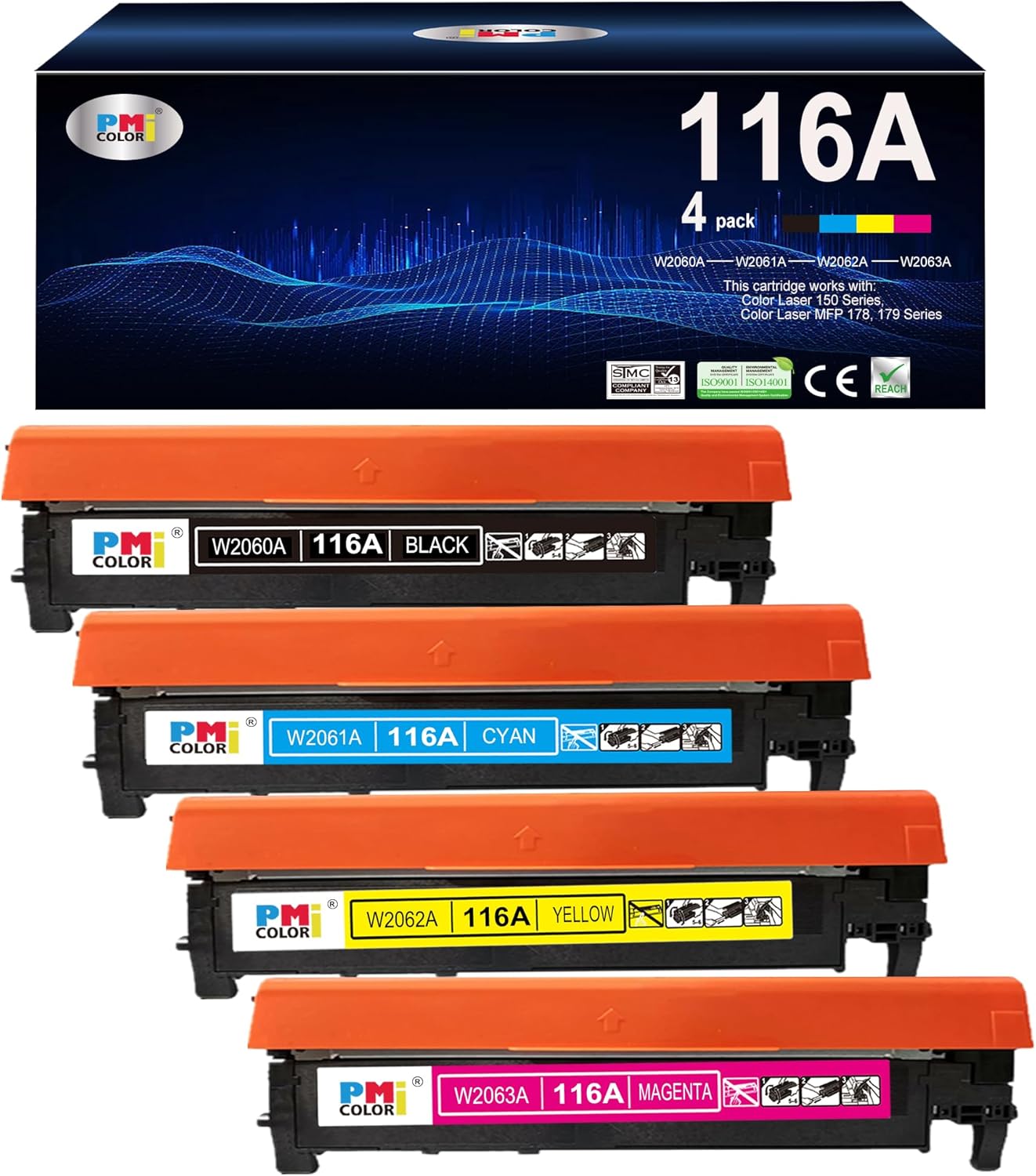 Paquete de 4 cartuchos de tóner de repuesto HP 116A para impresoras Color LaserJet Pro 150a, 150nw, 178nw, 178nwg, 179fnw y 179fwg (negro, cian, magenta y amarillo). 