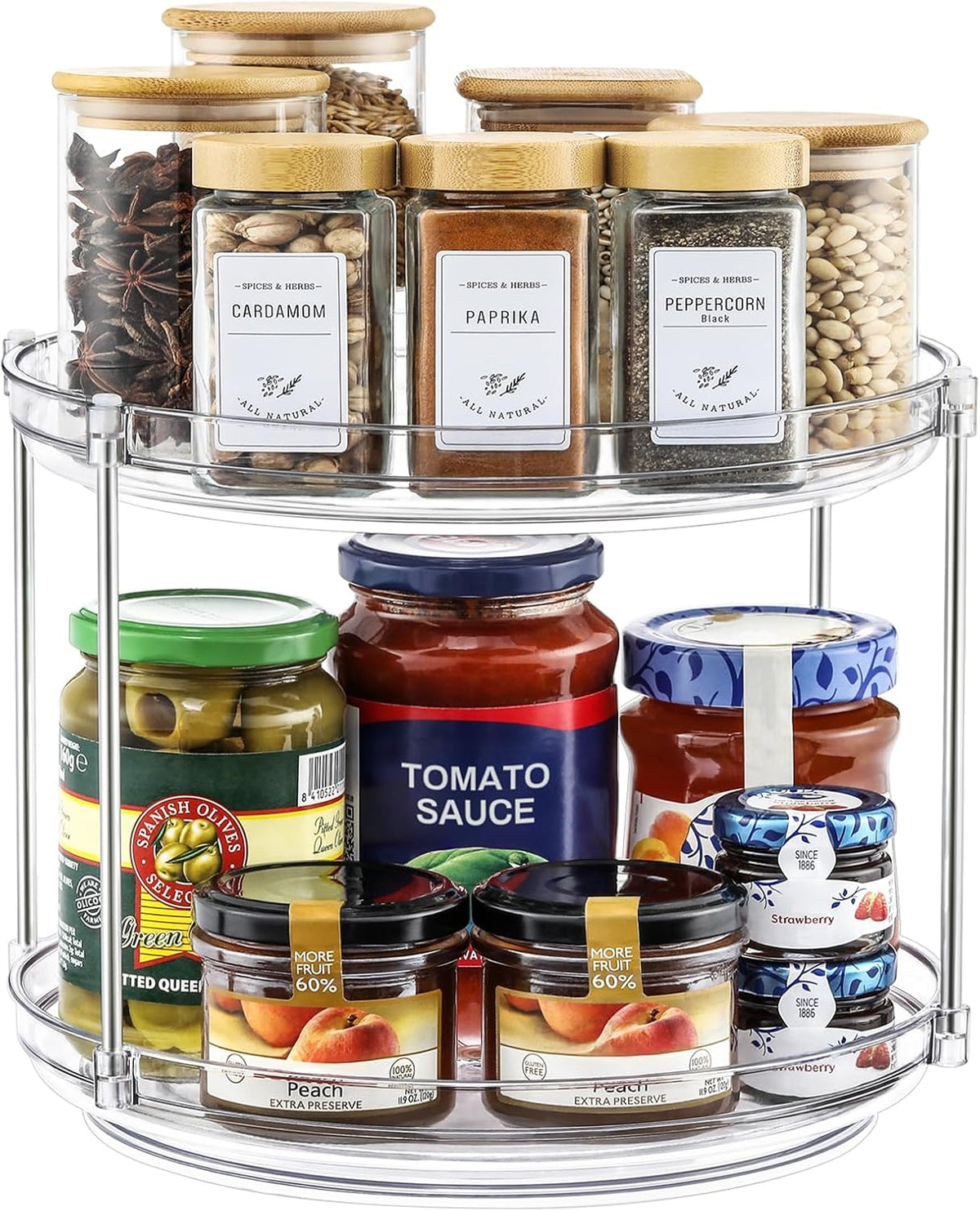 Organizador Giratorio de Acrilico 2 Niveles Lazy Susan — Bandeja Antideslizante para Cocina, Bano y Despensa