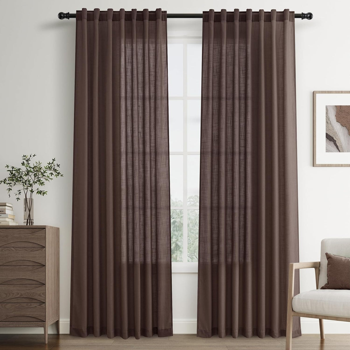 USADAS Cortinas de Lino Joywell Café con Trabillas Ocultas y Bolsillo para Barra | 96 pulgadas | 2 Paneles Boho Farmhouse Semitranslúcidos | 52x96