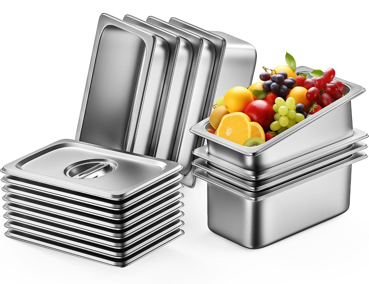 Set de 8 Bandejas para Buffet ZeroPone con Tapas | Tamaño 1/3, 6 Pulgadas de Profundidad | Acero Inoxidable Calibre 22 Antiatasco | para Hotel, Fiesta y Catering
