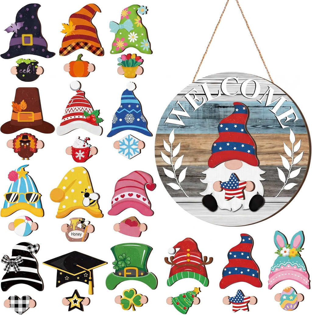 Qunclay Interchangeable Wooden Gnome Decor Holiday Seasonal Gnome Decorations with Magnet Pieces and Detachable Hats Changeable Welcome Sign for Home(Cute Style)