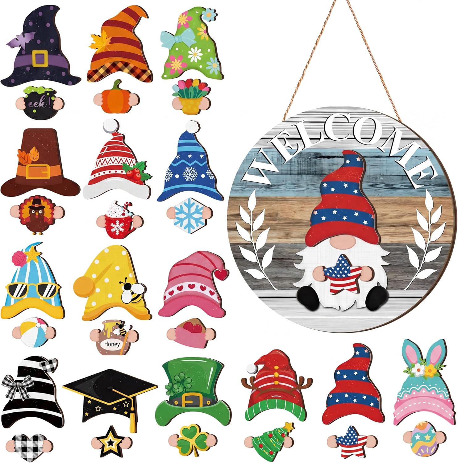Qunclay Interchangeable Wooden Gnome Decor Holiday Seasonal Gnome Decorations with Magnet Pieces and Detachable Hats Changeable Welcome Sign for Home(Cute Style)