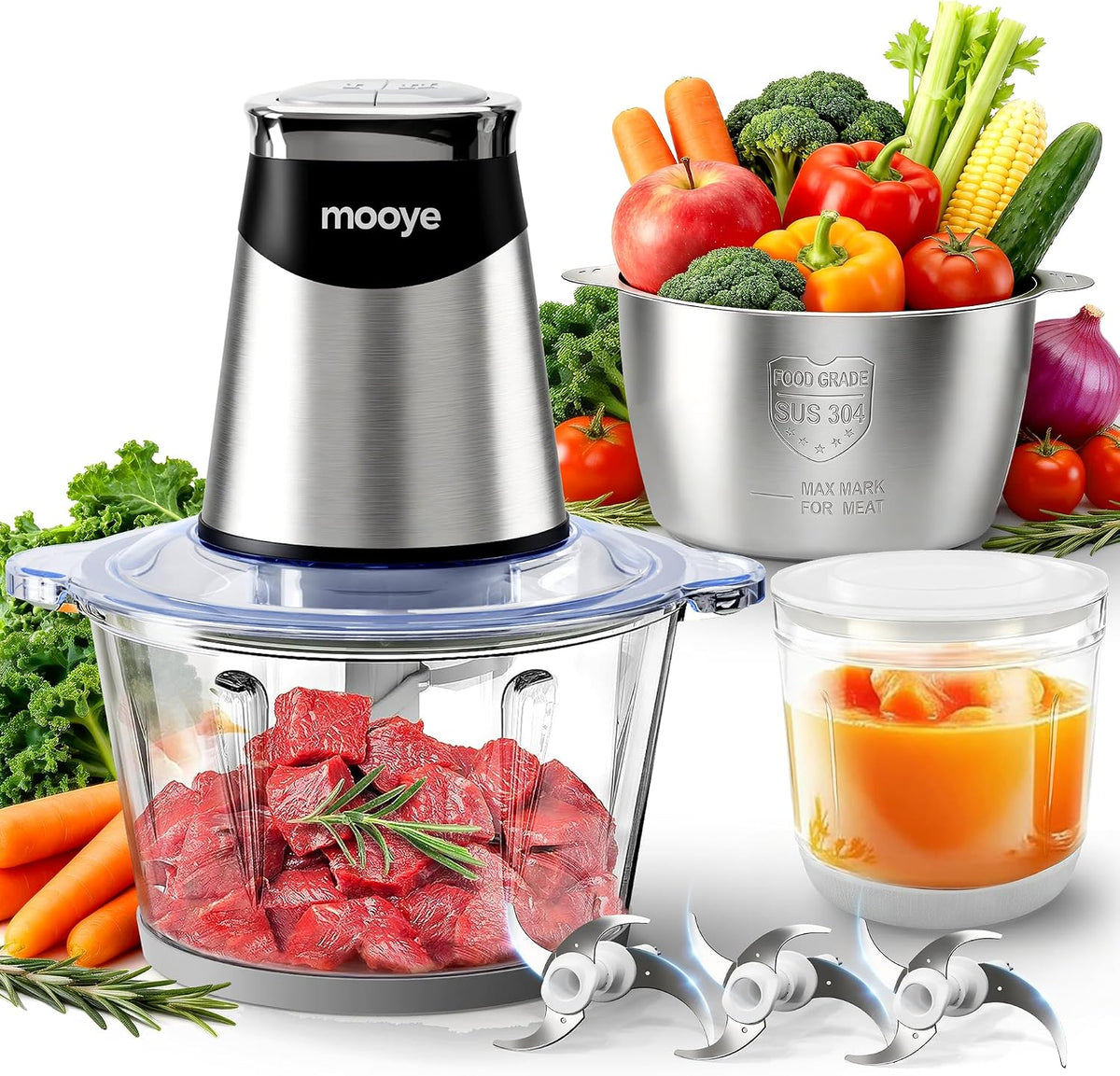 Mooye Procesador de Alimentos Eléctrico | Picadora con Molino de Carne y Picador de Vegetales | 3 Tazones (8+8+3 tazas) | Motor de Cobre | 3 Sets de Cuchillas