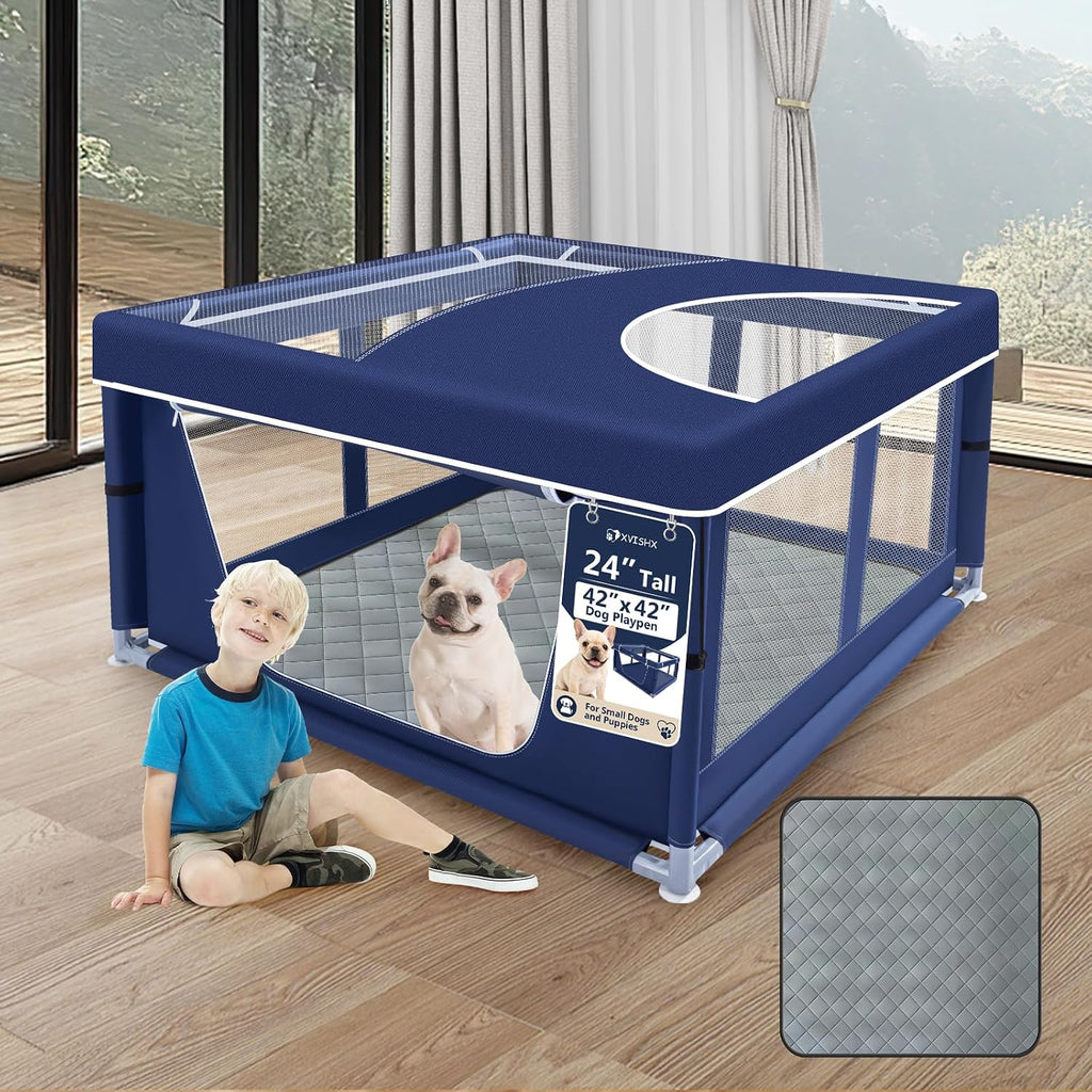 Parque para cachorros XVISHX de 42x42 pulgadas con cubierta y almohadillas para perros, parque para cachorros o perros pequeños, parque para mascotas para interiores y exteriores, parque para perros resistente y seguro con tela engrosada.