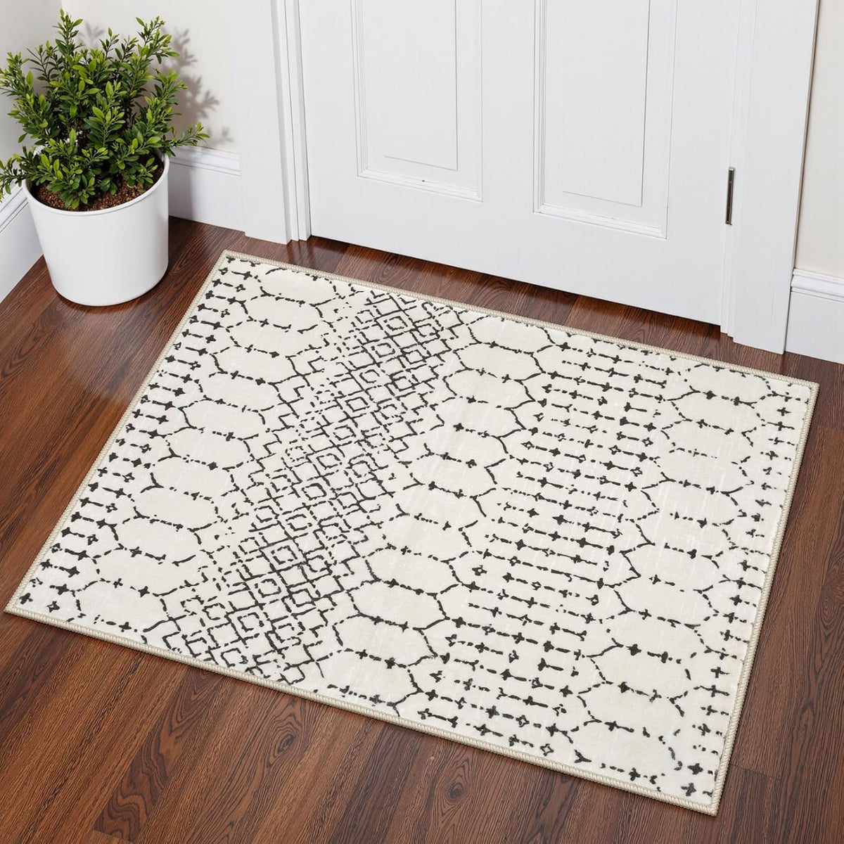 Lahome Alfombras Marroquíes Entrada 2x3 Pie Antideslizante Lavable Tapete Puerta Resistente Manchas Ultra Delgada Gris Blanca Alfombra Pequeña Cocina, Geométrica Entrada Baño