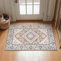 Lessymo 2 x 3 Entryway Rug- Machine Washable Area Rugs Boho Faux Wool Low Pile Area Rug for Bedroom, Floral Medallion Vintage Outdoor Rugs with Non-Slip Rubber,Brown Beige