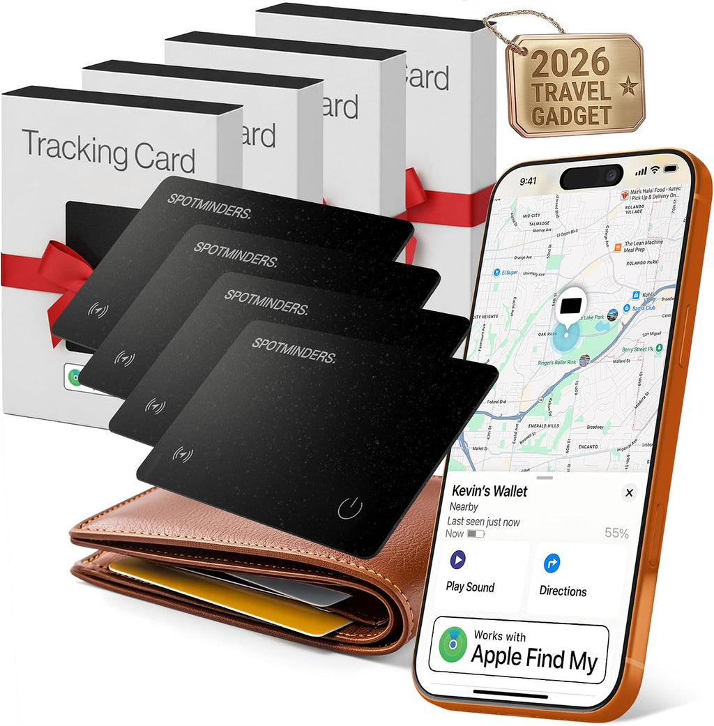 SPOTMINDERS Tarjeta de seguimiento para cartera con certificación Apple MFi, color negro, paquete de 4 unidades - Funciona con Apple Find My Rastreador recargable IP68 resistente al agua, delgado, de 0
