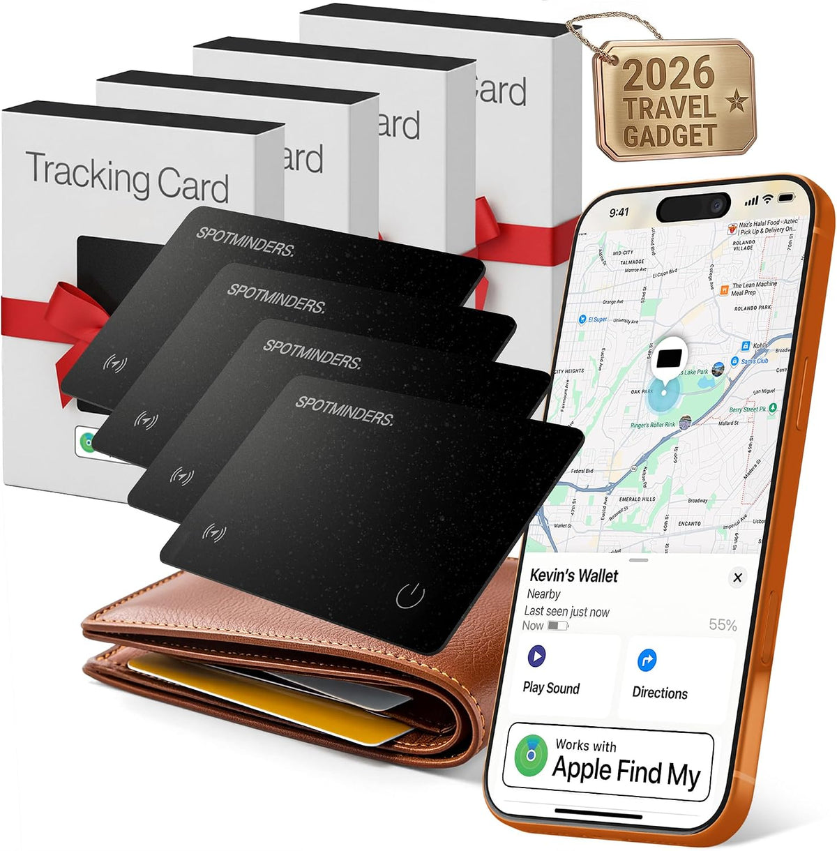 SPOTMINDERS Tarjeta de seguimiento para cartera con certificación Apple MFi, color negro, paquete de 4 unidades - Funciona con Apple Find My Rastreador recargable IP68 resistente al agua, delgado, de 0