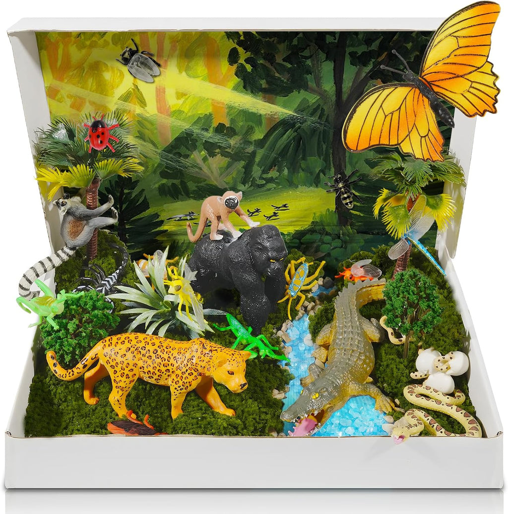Kit de diorama de selva tropical de 34 piezas. Set de figuras de animales de la selva tropical. Suministros para dioramas de selva tropical. Modelos de animales y árboles. Decoración de selva tropical para hacer tú mismo.