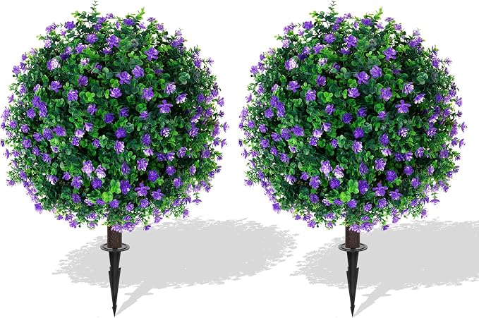 Yangrass Árboles Artificiales de Topiario de Flores Moradas con Estaca para el Suelo, Juego de 2 Arbustos Artificiales Resistentes a los Rayos UV, Arbustos de Plantas Artificiales de Hoja Perenne