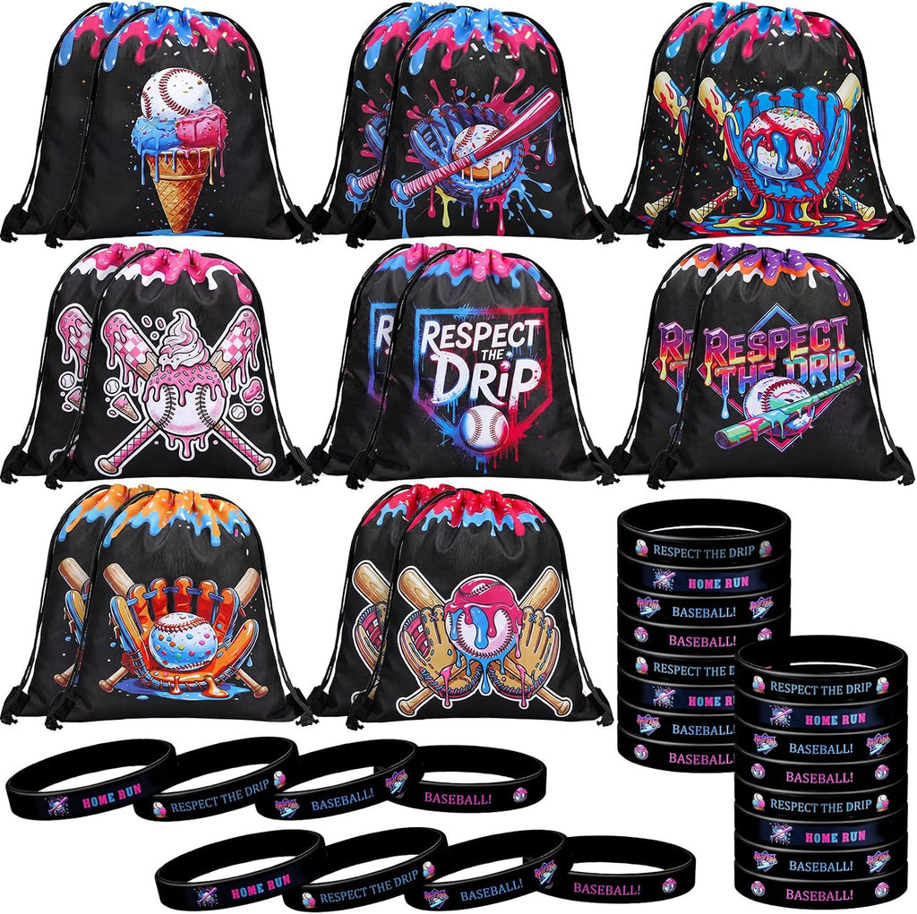 ADVERTENCIA: NO incluye las pulseras. Set de artículos para fiestas de béisbol de Equsion: 16 bolsas de helado, bolsas para dulces y golosinas, pulsera motivacional, artículos para fiestas de cumpleaños deportivas.
